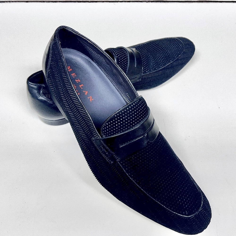 Mezlan "Rogier" 5890 Black Genuine Burnished Patterned Suede Penny Loafer 12D - Picture 12 of 12